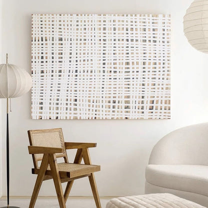 Abstract White Oil Painting with Intricate Grid Pattern for Modern Decor