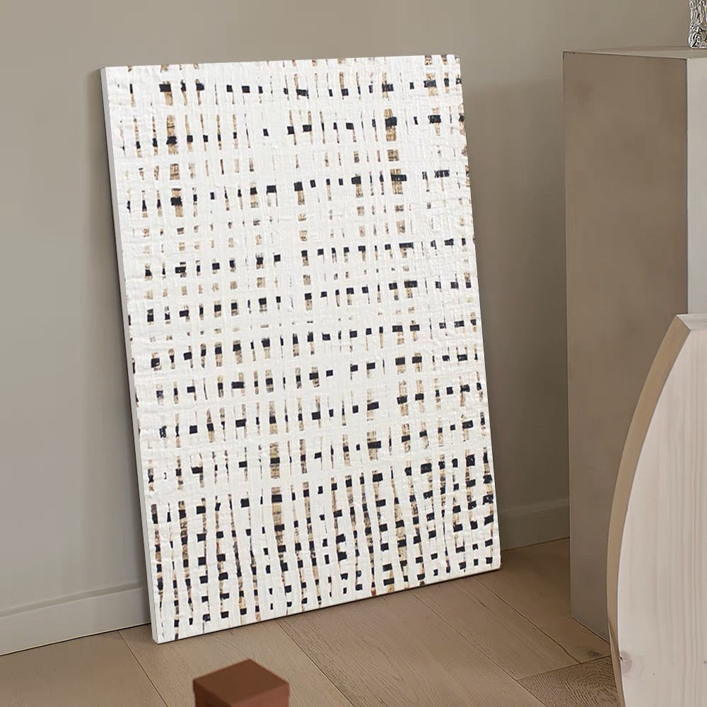 Abstract White Oil Painting with Intricate Grid Pattern for Modern Decor