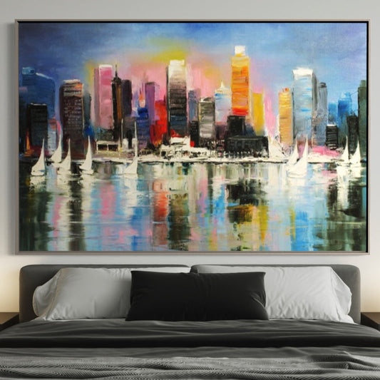 Vibrant Cityscape Oil Painting with Sailboats and Reflections