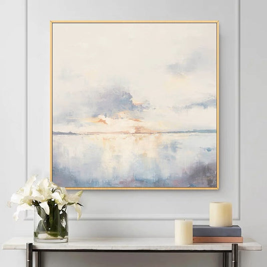 Serene Morning Light – Dreamy Oil Painting of Sunrise Over Tranquil Waters