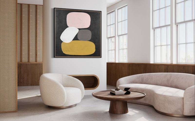 Contemporary Abstract Oil Painting with Soft Pastel Shapes on Dark Background