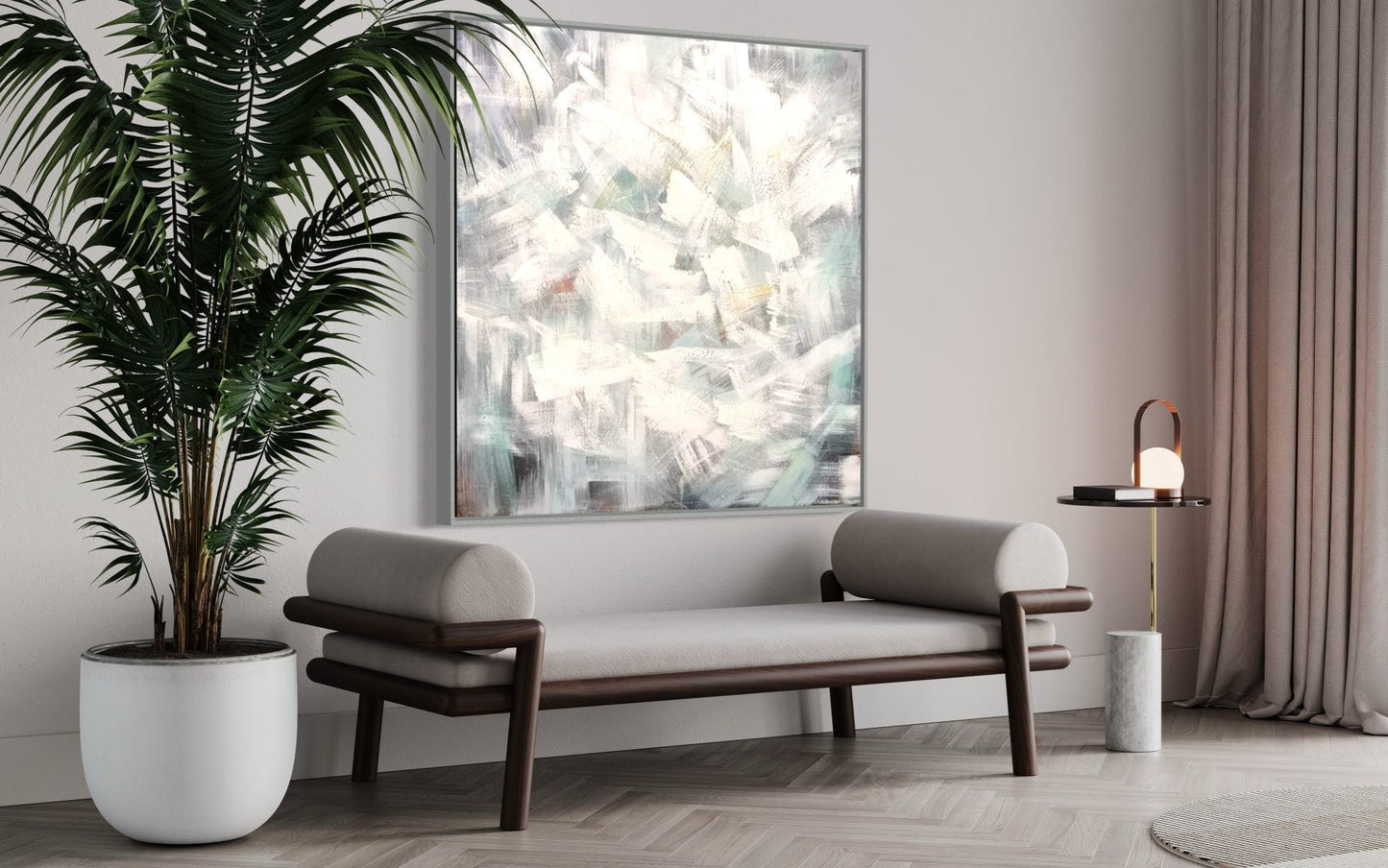 Calming Abstract Oil Painting in Soft White and Muted Green Tones for Modern Decor
