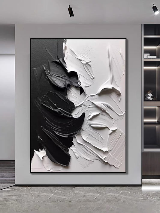 Dynamic Black and White Abstract Oil Painting for Modern Home Decor