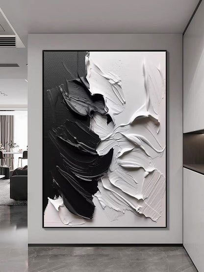 Dynamic Black and White Abstract Oil Painting for Modern Home Decor