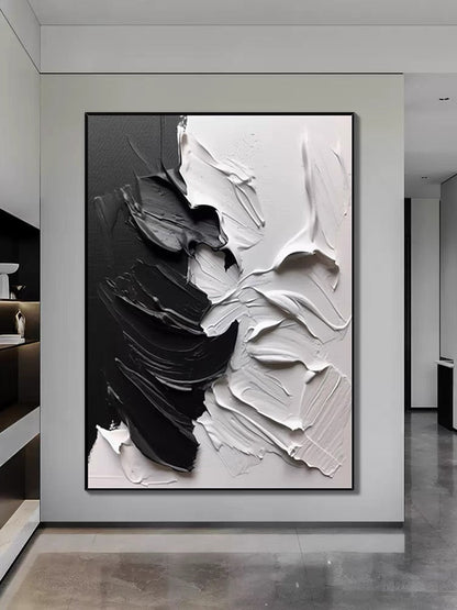 Dynamic Black and White Abstract Oil Painting for Modern Home Decor