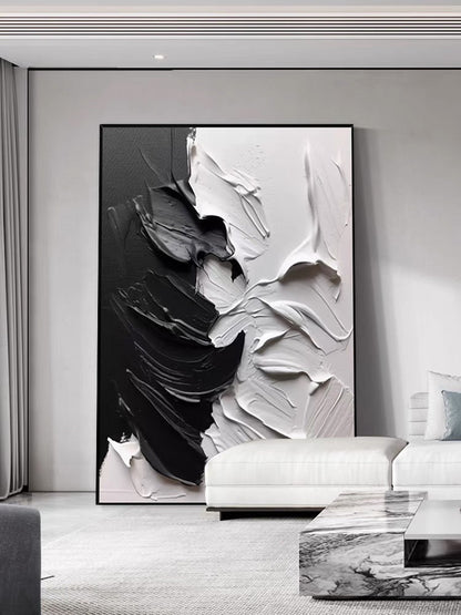 Dynamic Black and White Abstract Oil Painting for Modern Home Decor