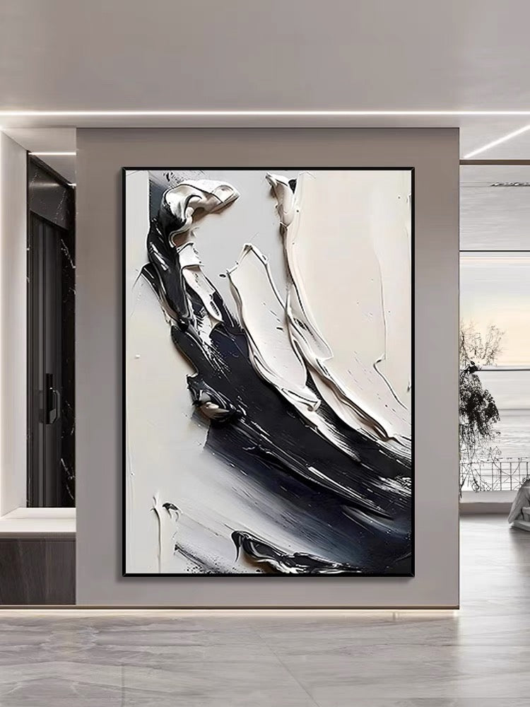 Abstract Black and White Oil Painting with Rich Textures for Modern Art Lovers