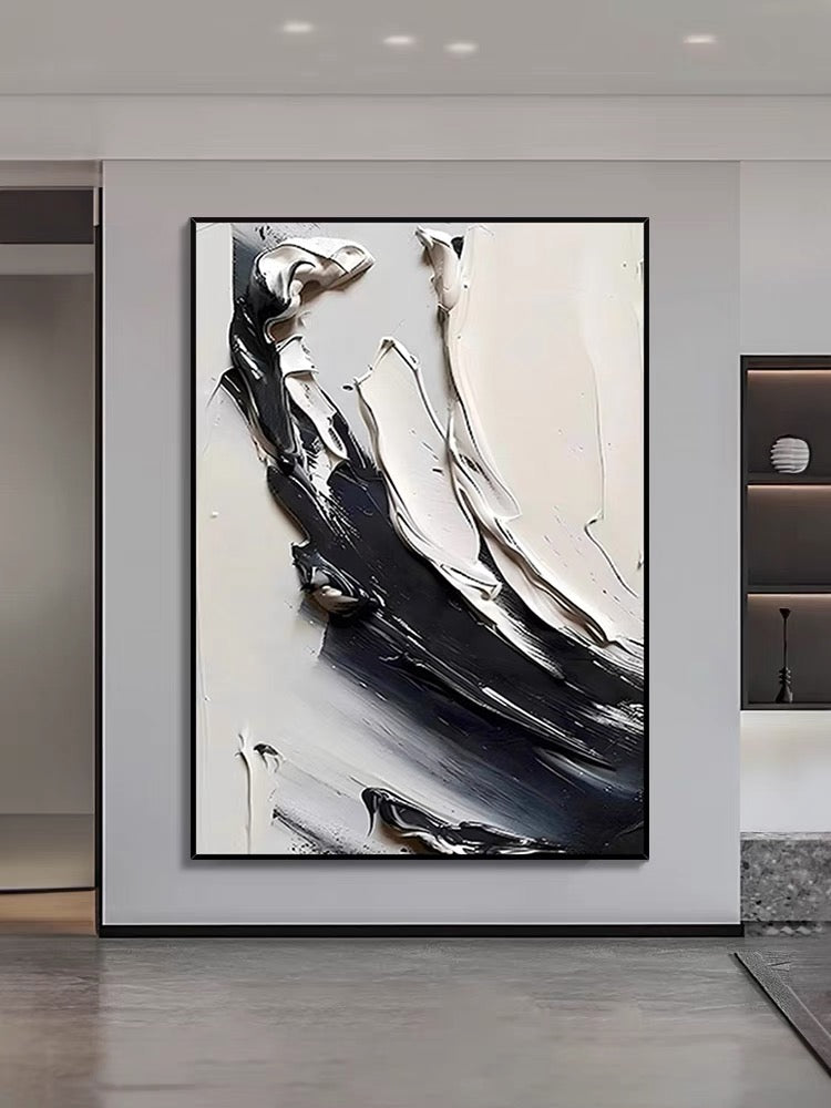 Abstract Black and White Oil Painting with Rich Textures for Modern Art Lovers