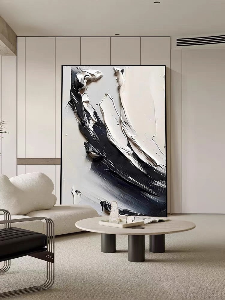 Abstract Black and White Oil Painting with Rich Textures for Modern Art Lovers