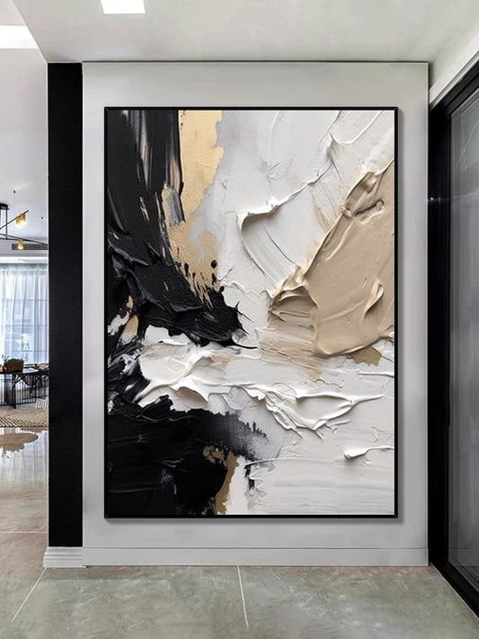 Abstract Oil Painting with Sculptural Texture in Black, White, and Gold Tones