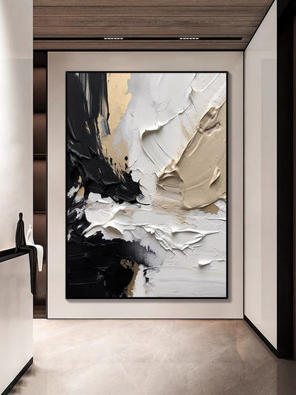 Abstract Oil Painting with Sculptural Texture in Black, White, and Gold Tones