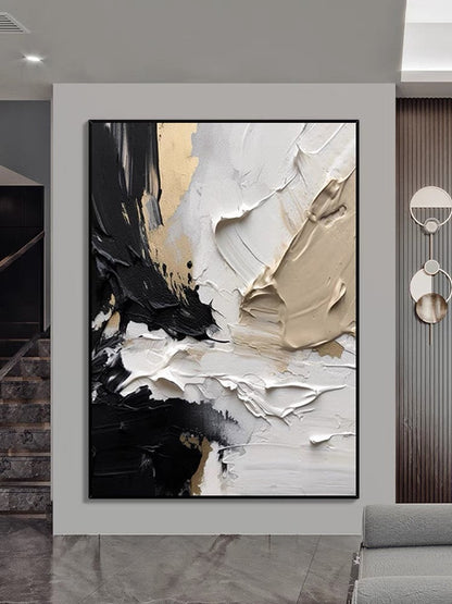 Abstract Oil Painting with Sculptural Texture in Black, White, and Gold Tones