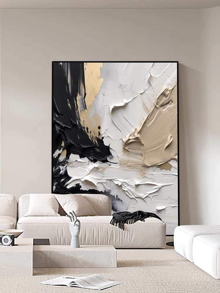 Abstract Oil Painting with Sculptural Texture in Black, White, and Gold Tones