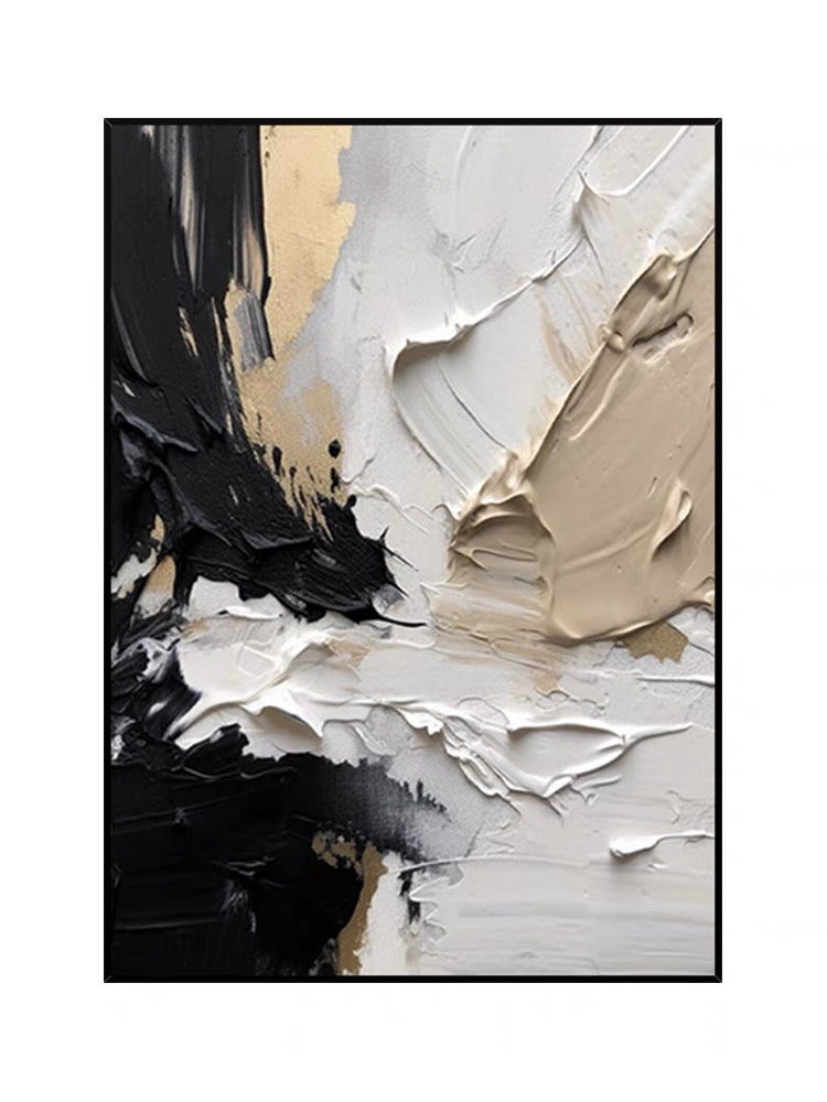 Abstract Oil Painting with Sculptural Texture in Black, White, and Gold Tones