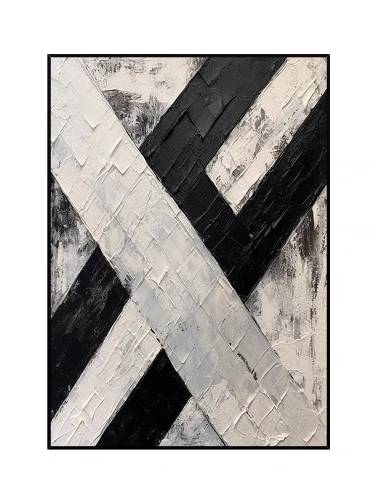 Abstract Black and White Oil Painting of Intersecting Paths for Modern Decor