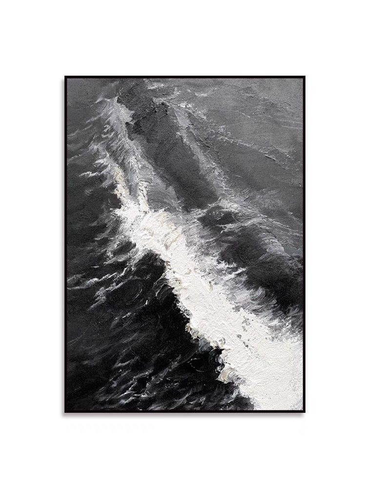 Monochrome Ocean Waves: Elegant Abstract Oil Painting for Modern Decor