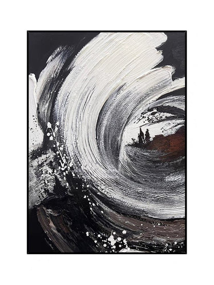Dynamic Black and White Abstract Wave Oil Painting for Modern Decor