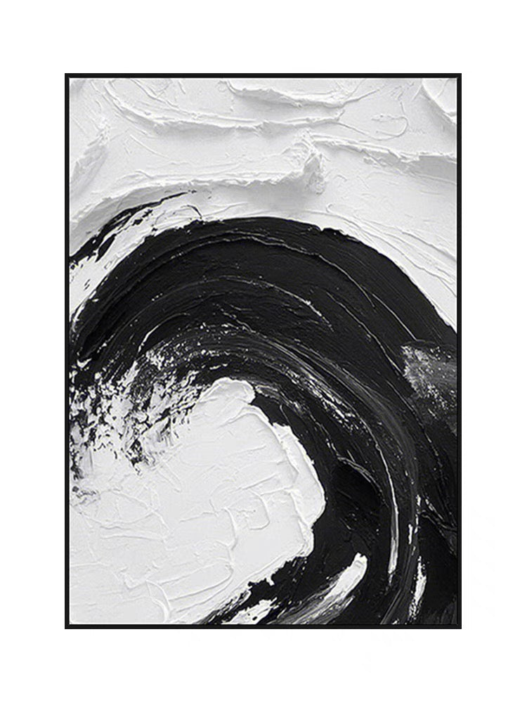 Elegant Black and White Abstract Oil Painting with Dynamic Swirl Design