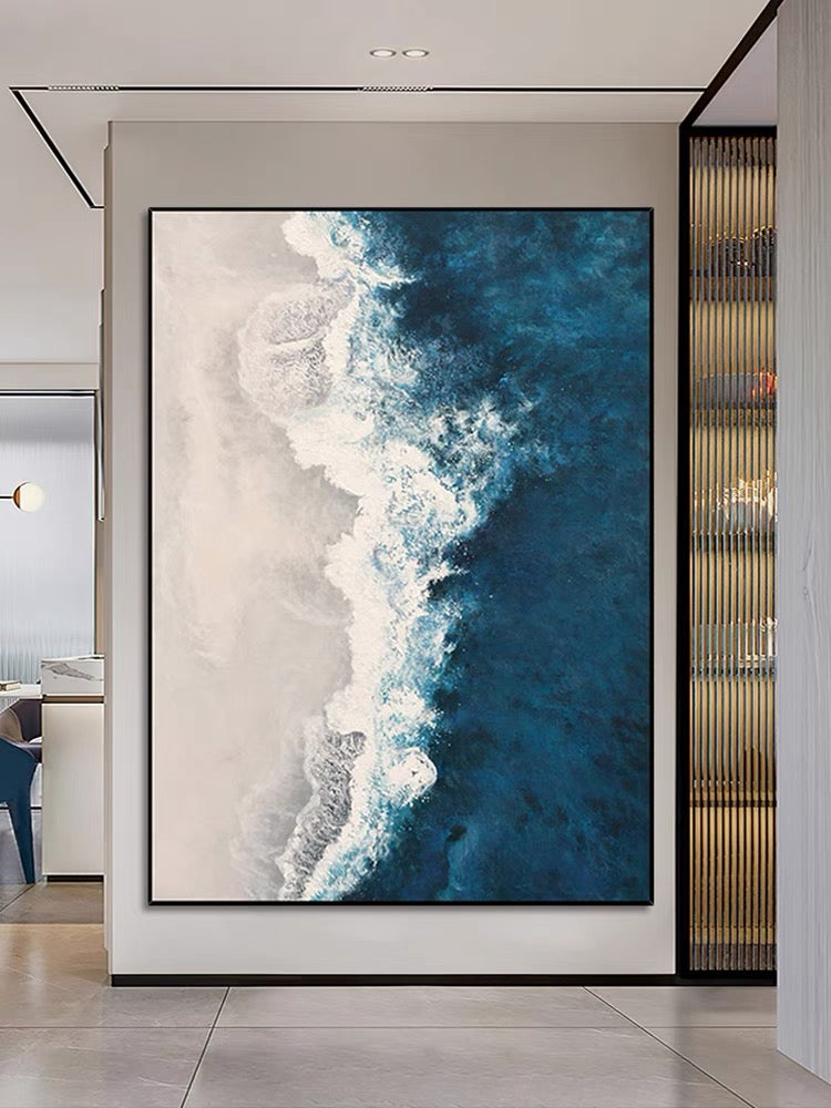 Tranquil Ocean Waves Abstract Oil Painting for Coastal Home Decor