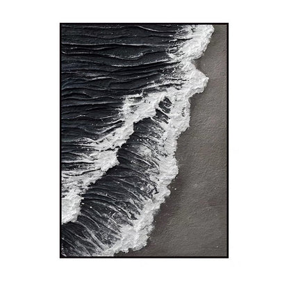 Monochrome Ocean Waves: Elegant Black and White Oil Painting for Modern Decor