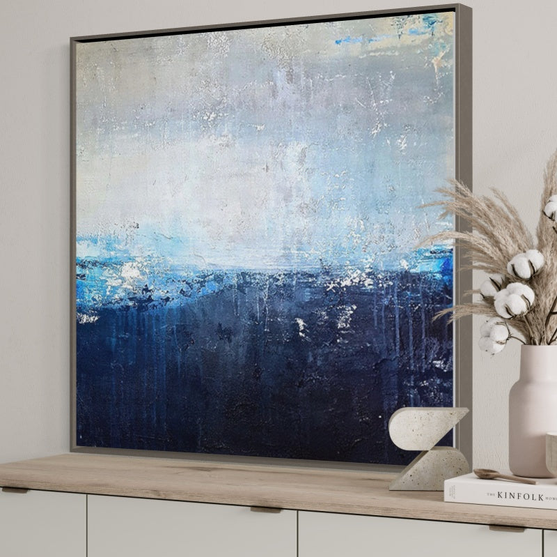 Serene Coastal Blues Landscape Oil Painting for Tranquil Home Decor