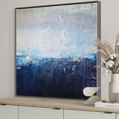 Serene Coastal Blues Landscape Oil Painting for Tranquil Home Decor