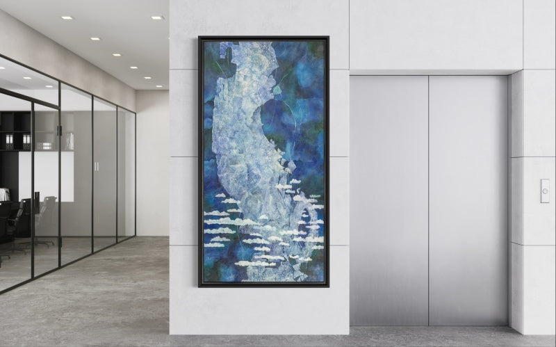Serene Blue Sky Oil Painting with Whimsical Clouds for Tranquil Home Decor