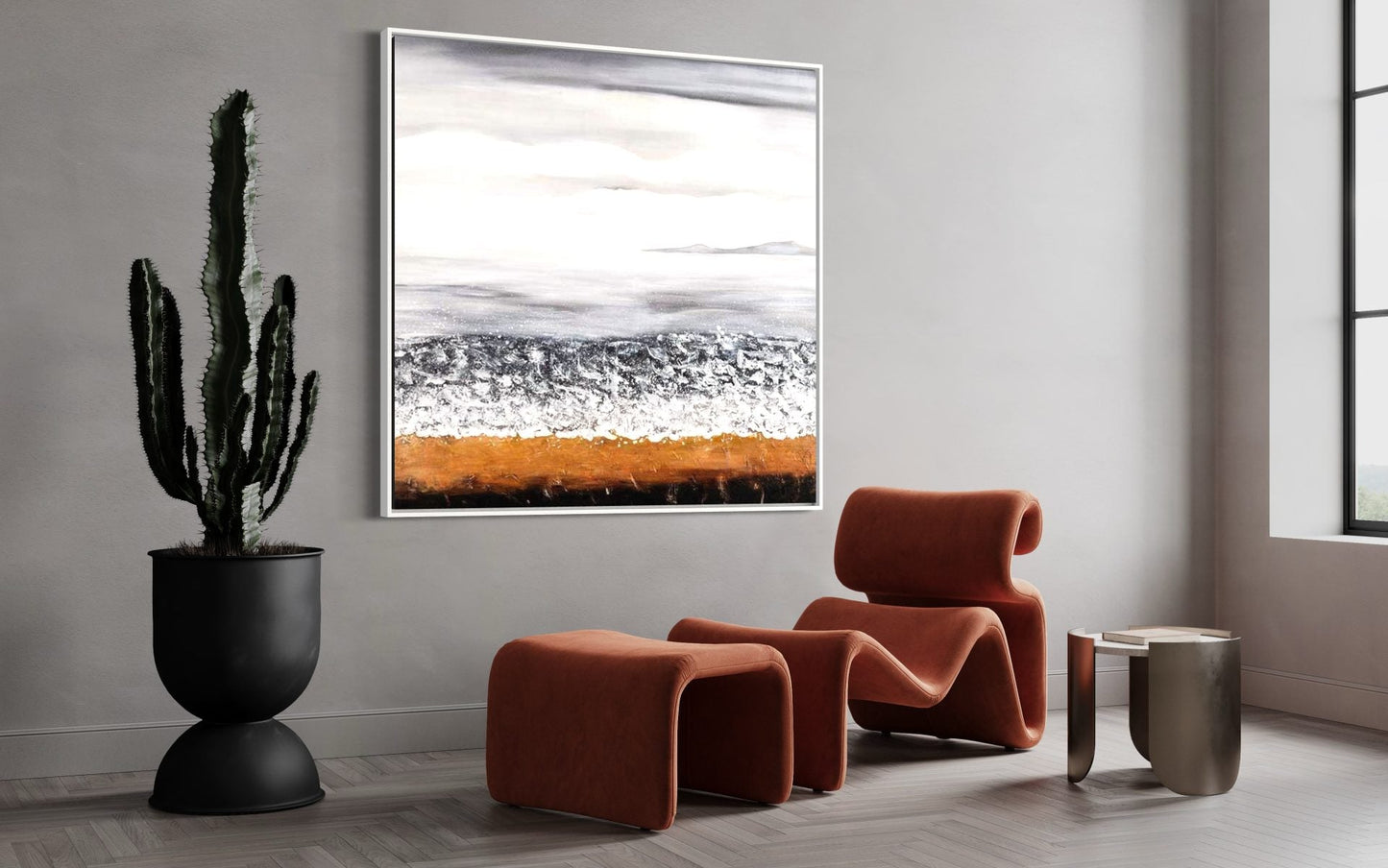 Serene Coastal Landscape Oil Painting with Warm Earth Tones and Tranquil Sky