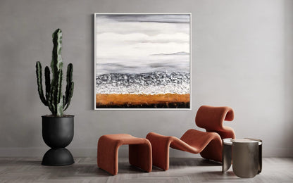 Serene Coastal Landscape Oil Painting with Warm Earth Tones and Tranquil Sky