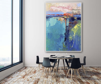 Serene Coastal Sunrise Oil Painting - Vibrant Abstract Landscape Art for Home Decor