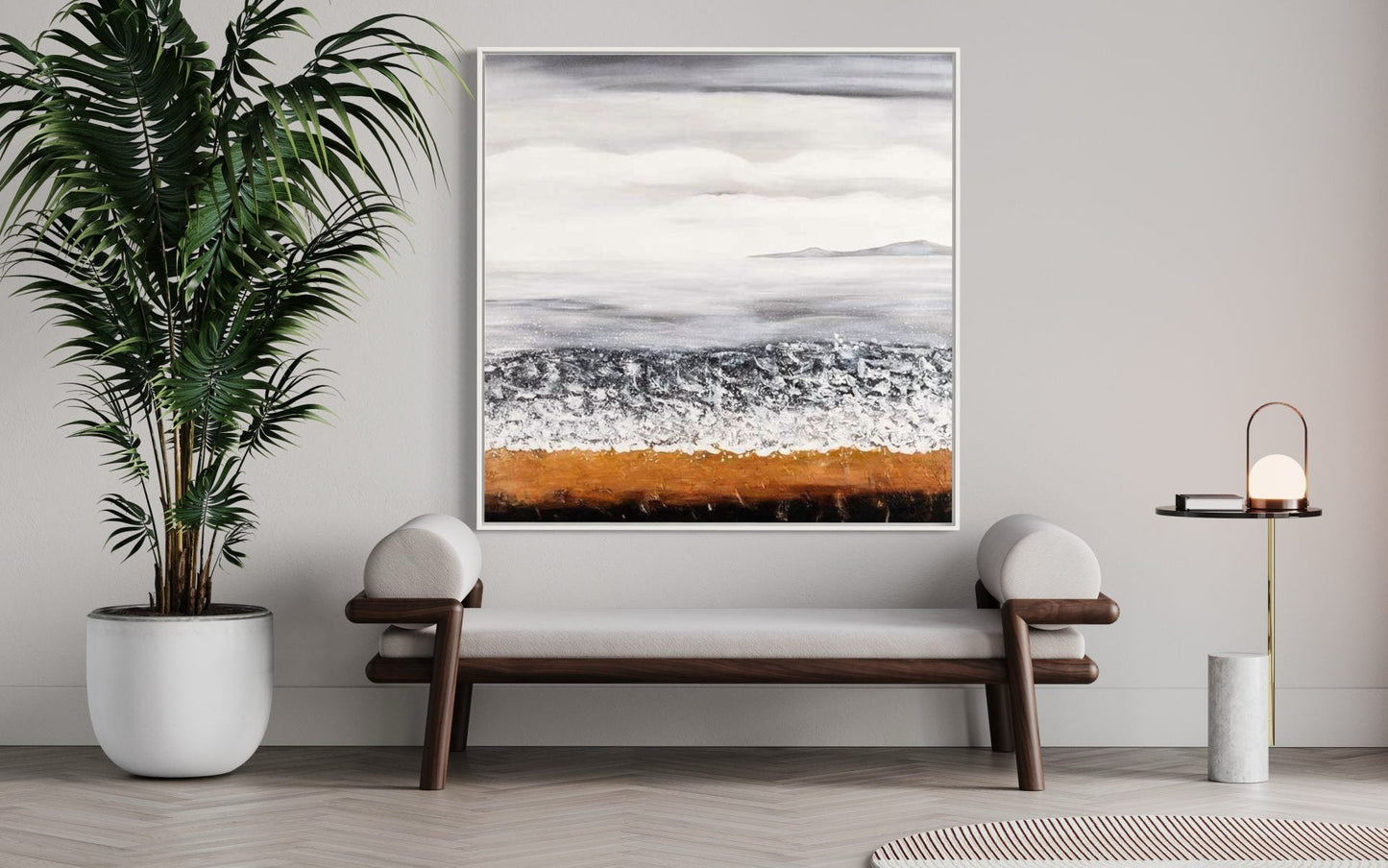 Serene Coastal Landscape Oil Painting with Warm Earth Tones and Tranquil Sky