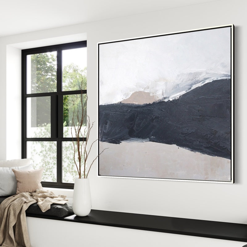 Abstract Black and White Landscape Oil Painting for Modern Decor