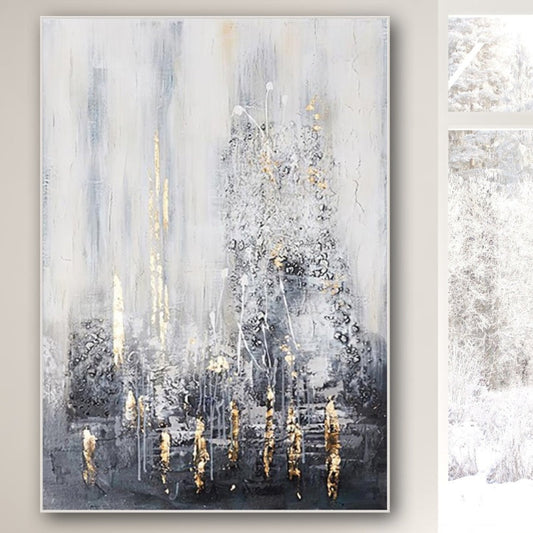 Elegant Abstract Oil Painting in Cool Tones with Gold Highlights