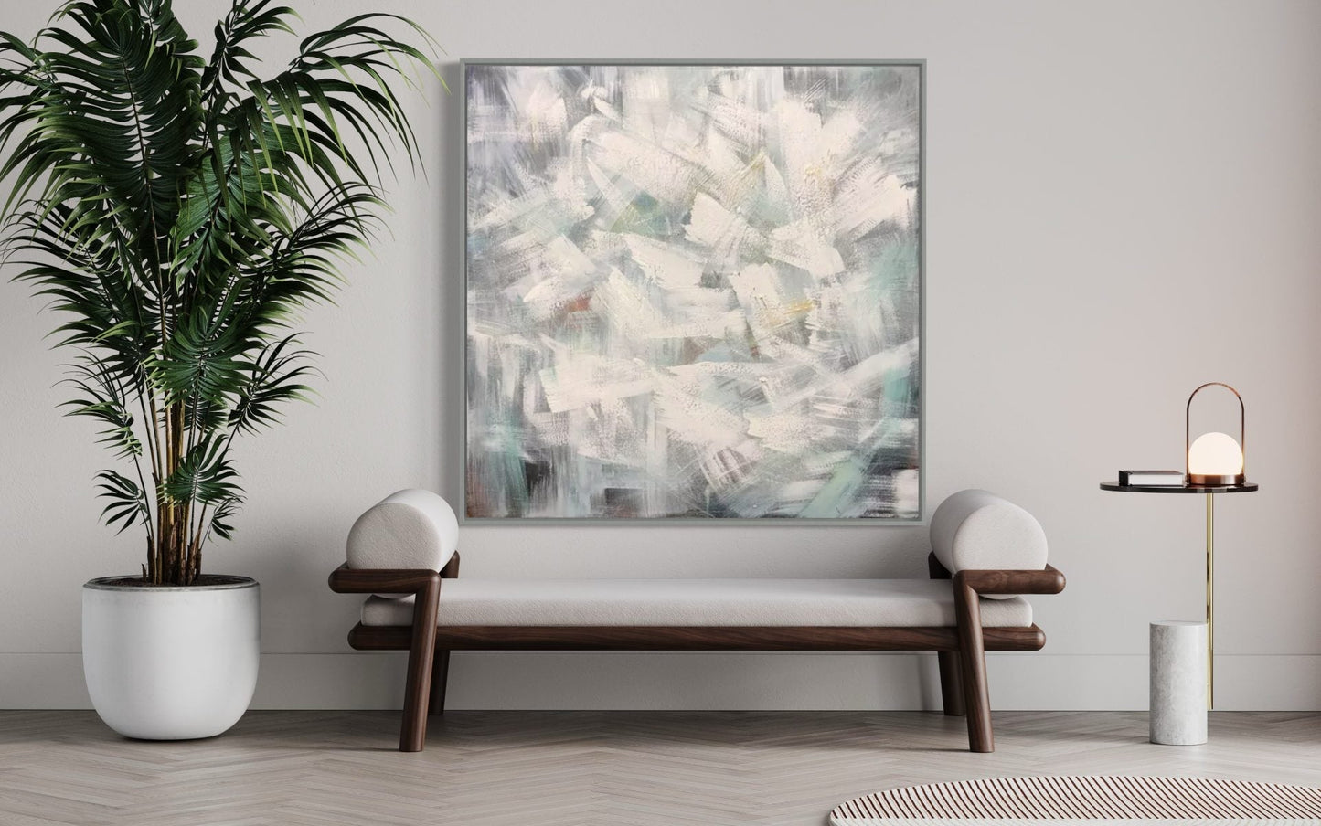 Calming Abstract Oil Painting in Soft White and Muted Green Tones for Modern Decor