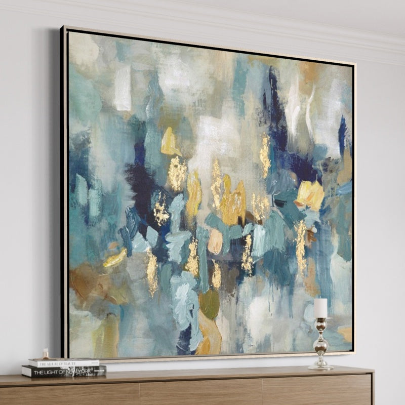 Abstract Cinematic Landscape Oil Painting in Blue and Gold Tones