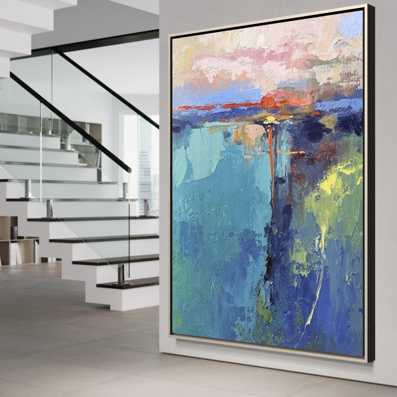 Serene Coastal Sunrise Oil Painting - Vibrant Abstract Landscape Art for Home Decor