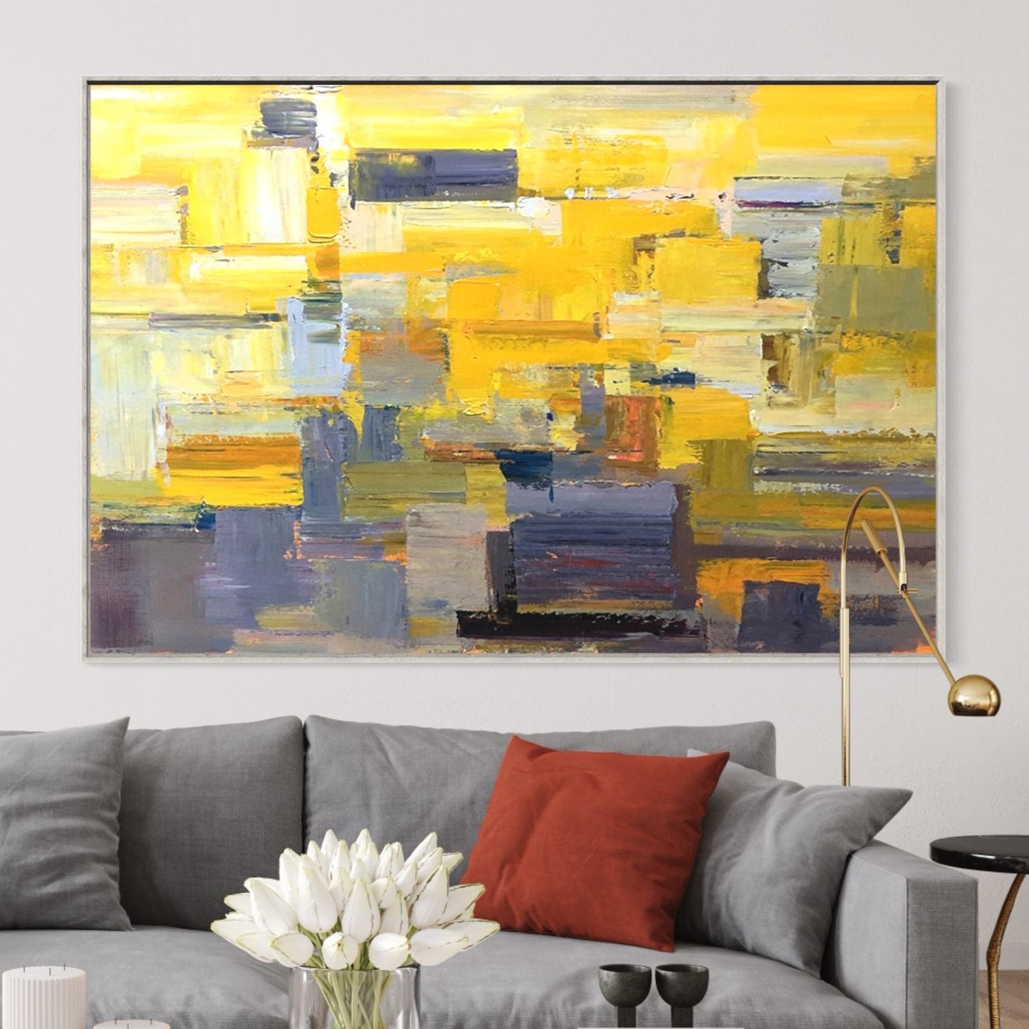 Vibrant Abstract Forest Landscape in Yellow and Blue Oil Painting for Modern Home Decor