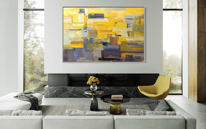 Vibrant Abstract Forest Landscape in Yellow and Blue Oil Painting for Modern Home Decor