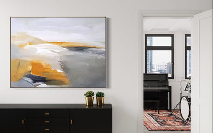 Modern Abstract Landscape Oil Painting in Soft Gray and Gold Tones