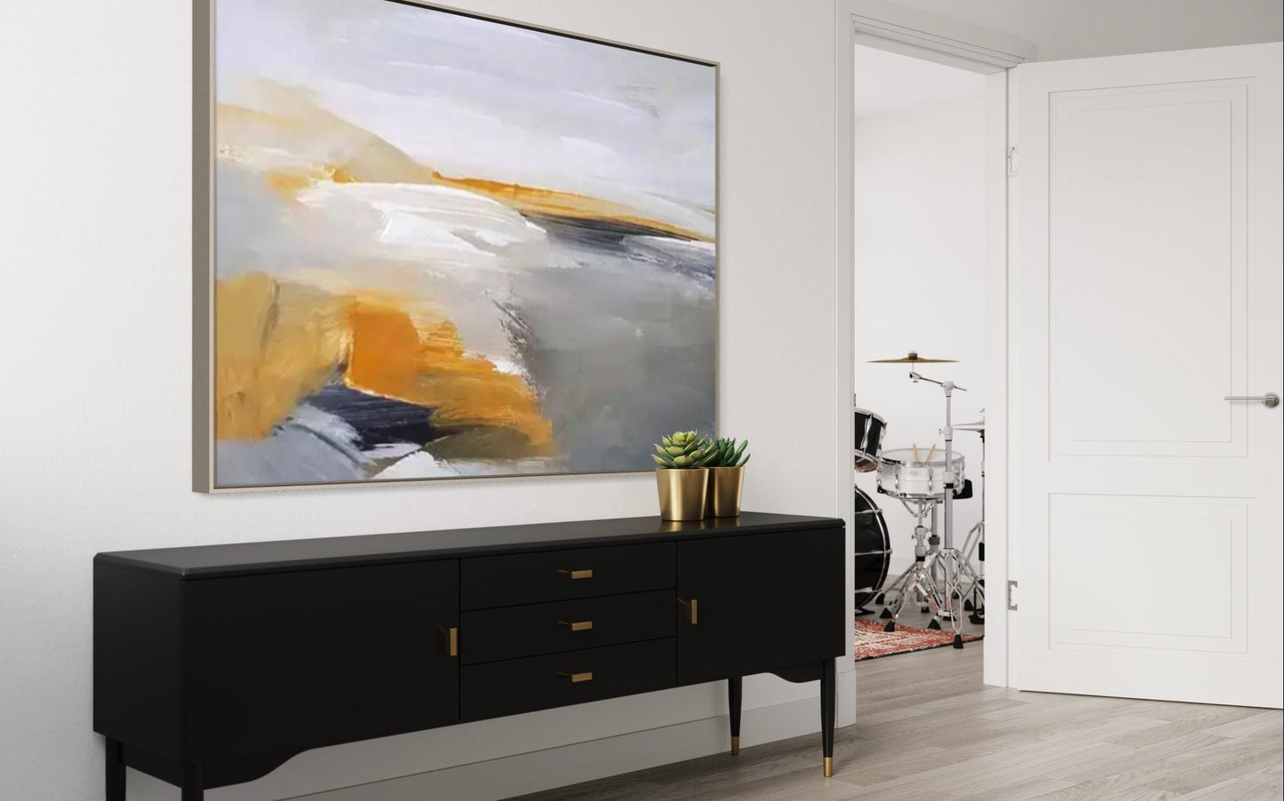 Modern Abstract Landscape Oil Painting in Soft Gray and Gold Tones