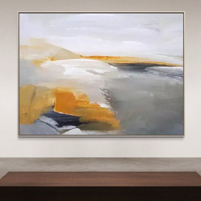 Modern Abstract Landscape Oil Painting in Soft Gray and Gold Tones