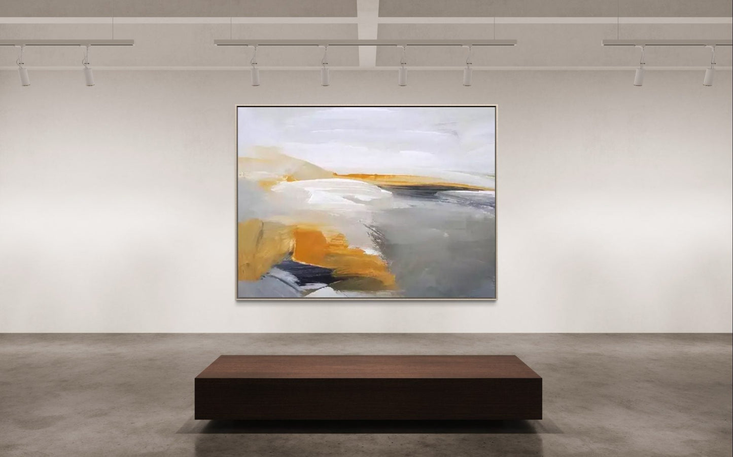 Modern Abstract Landscape Oil Painting in Soft Gray and Gold Tones