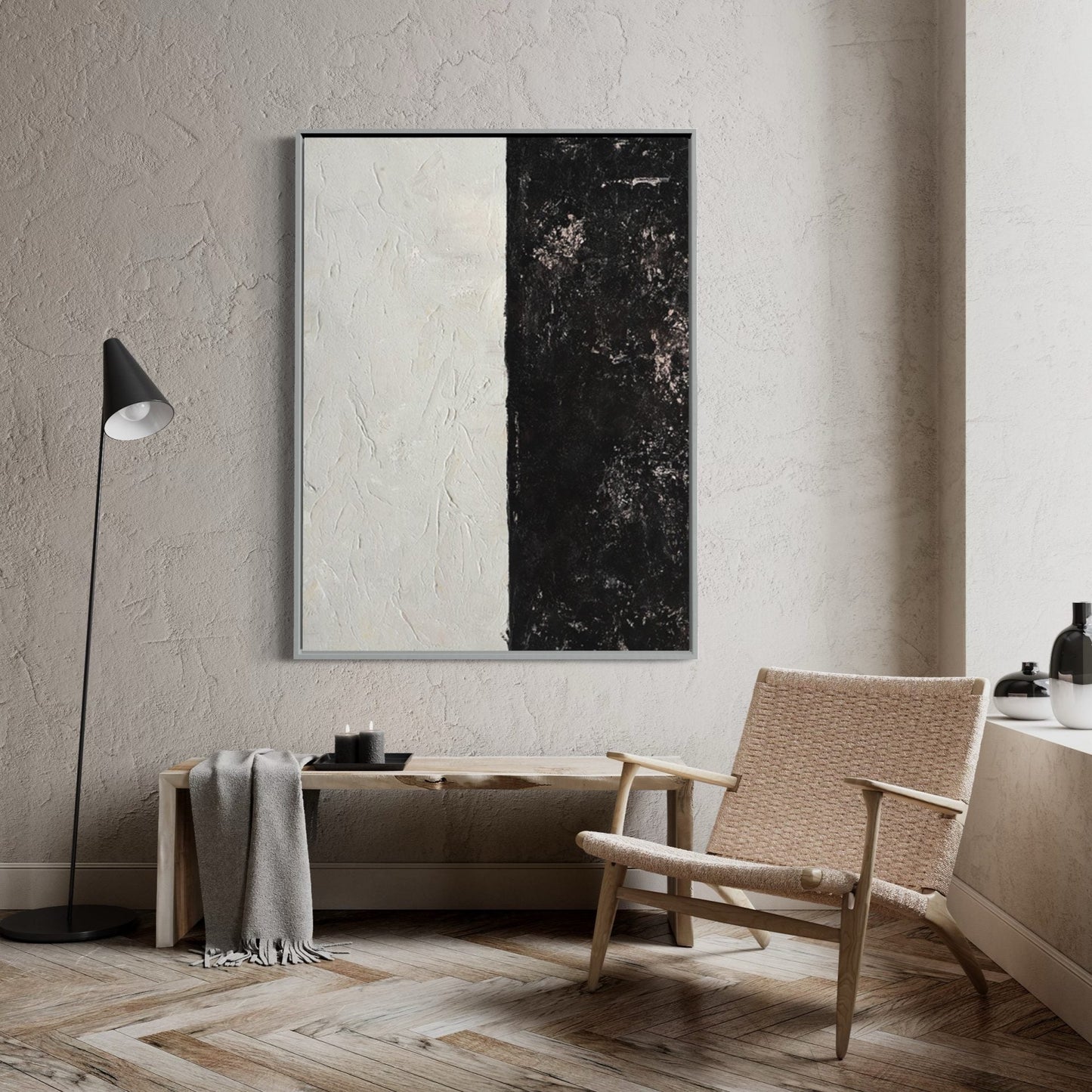 Minimalist Black and White Abstract Oil Painting for Modern Home Decor