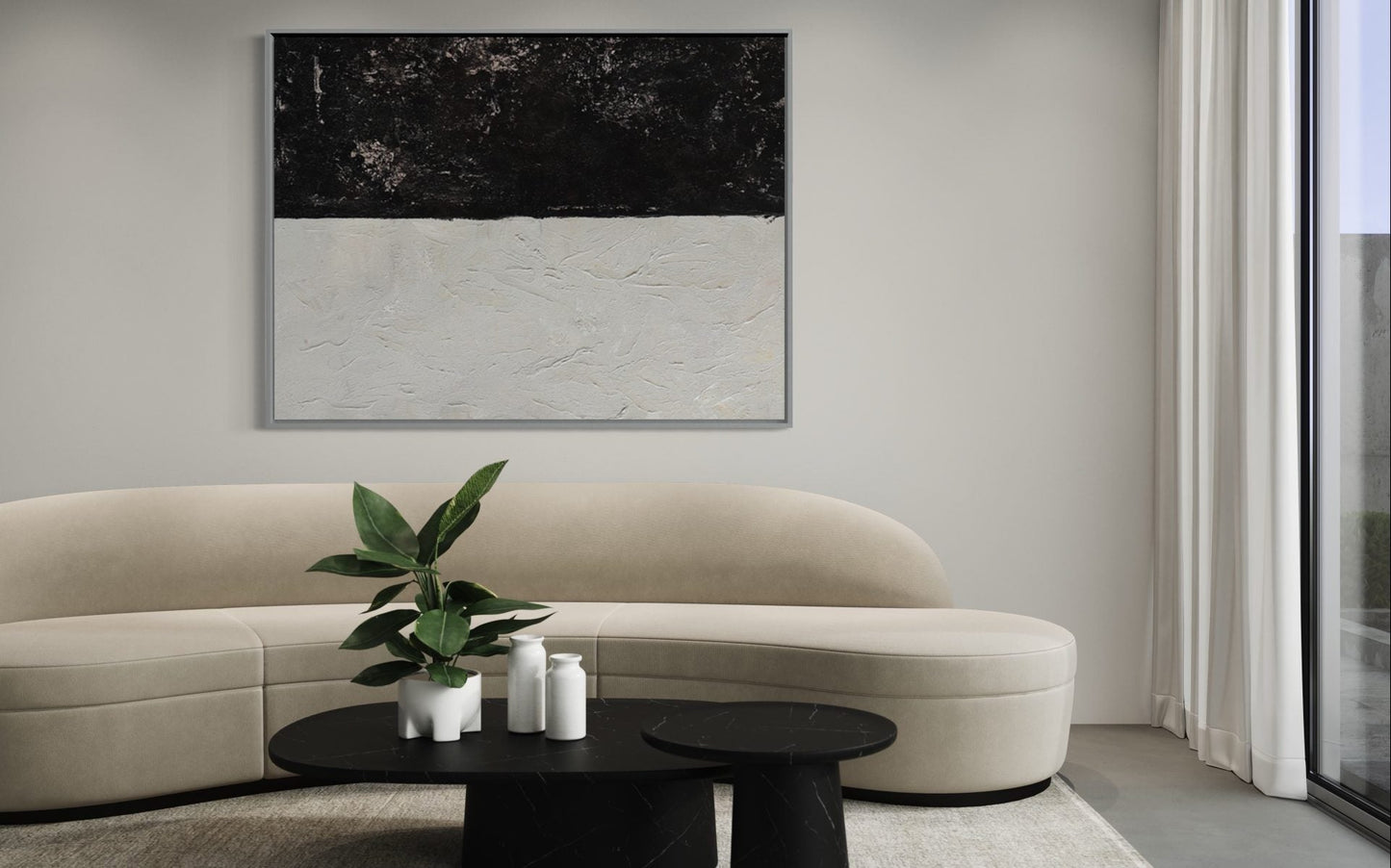 Minimalist Black and White Abstract Oil Painting for Modern Home Decor