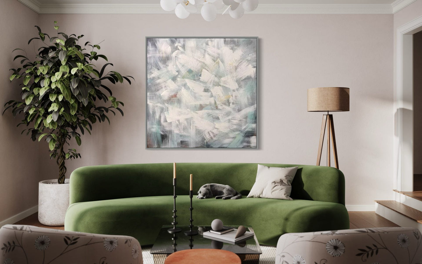Calming Abstract Oil Painting in Soft White and Muted Green Tones for Modern Decor