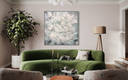 Calming Abstract Oil Painting in Soft White and Muted Green Tones for Modern Decor