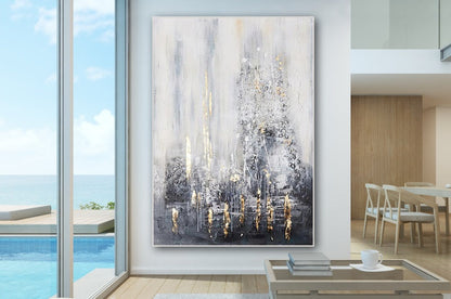 Elegant Abstract Oil Painting in Cool Tones with Gold Highlights