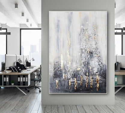 Elegant Abstract Oil Painting in Cool Tones with Gold Highlights