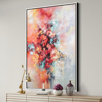 Vibrant Abstract Oil Painting of Colorful Blooms and Whimsical Swirls