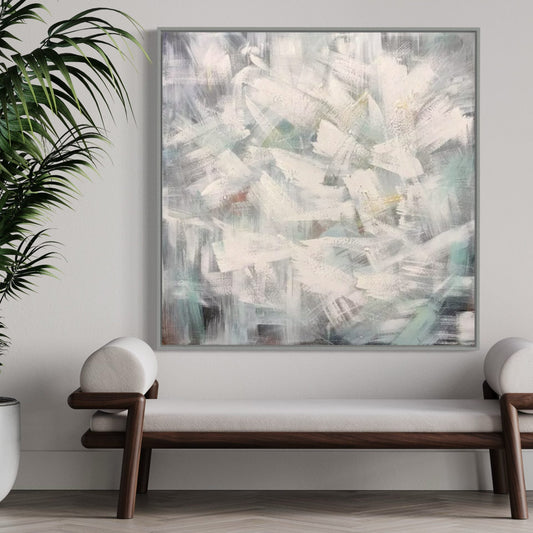 Calming Abstract Oil Painting in Soft White and Muted Green Tones for Modern Decor